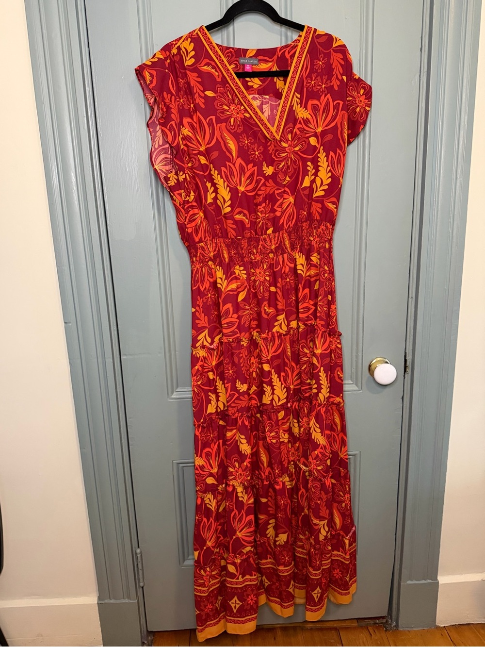 Vince Camuto Red and Yellow Floral V-Neck Tiered Maxi Dress